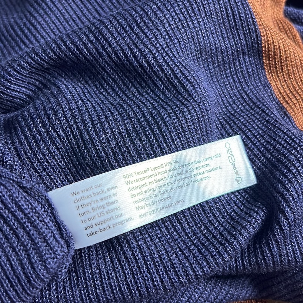 EILEEN FISHER Navy Blue Brown Trim Tencel Silk Knit Open Long Cardigan L - Picture 5 of 9